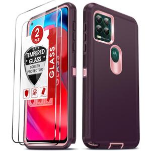 LeYi Compatible for Moto G Stylus 5G: 2 Pack Tempered Glass Screen Protectors, 3 in 1 Full Body Rubber Dustproof Rugged Defender Protection Case, Wine Red/Pink