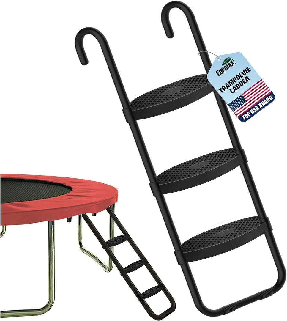 Eurmax USA Universal Trampoline Ladder,240 lbs Capacity,3 Skid-Proof Safety Wide Steps,UV-Resistant Steel Stairs for Kids/Children,Universal Hook Fit,Trampoline Stairs Accessories for Children/Kids