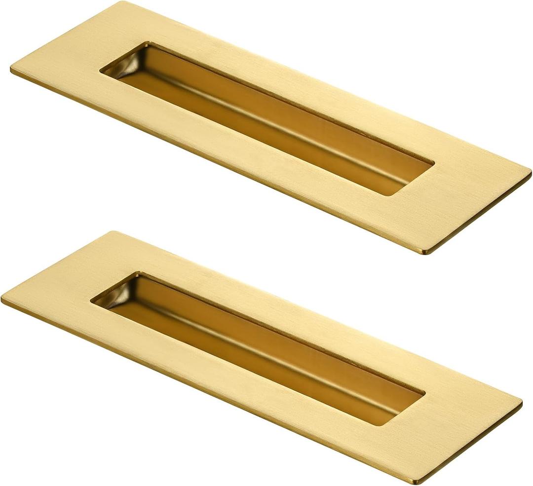 HOMOTEK 2 Pack 150mm Flush Sliding Closet Door Pulls, Recessed Finger Pulls for Sliding Barn Bypass Door Handles, Cabinet Drawer Rectangular Invisible Pull- Small Size 6 in, Brushed Gold