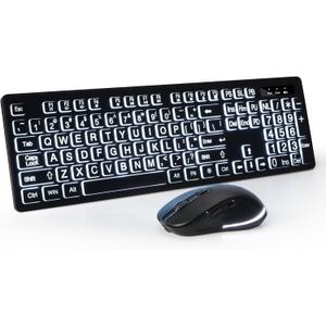 Wireless Keyboard and Mouse - Large Print Wireless Keyboard, KOPJIPPOM 2.4G Full Size Keyboard and Mouse Set with Big Letters and Backlight Key for Seniors, Compatible for Windows, Laptop, PC, Black