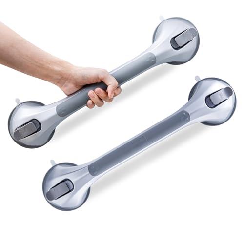 LEVERLOC Shower Grab Bars 2 Pack, Suction Grab Bar Easy to Install Shower Handle for Bathroom Removable Handrails for Seniors Elderly Heavy Duty Safety Grip Waterproof Drill Free, Silver