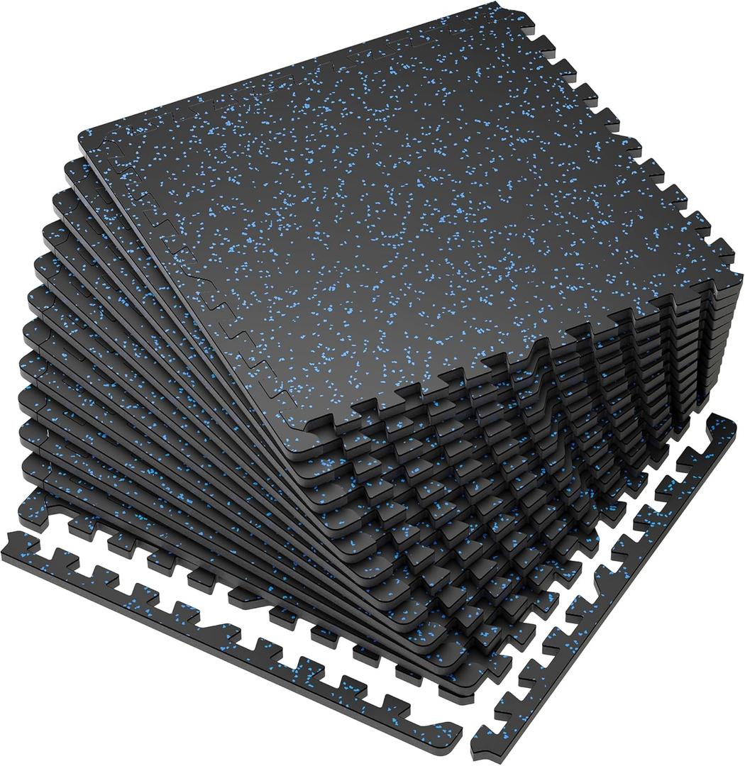 SUPERJARE 0.56'' Thick 12 Pcs 48 Sq Ft Rubber Top Exercise Equipment Mats, High Density EVA Foam Mats with Rubber Top, Interlocking Gym Flooring for Home Gym, Protective Workout Mat, Black/Blue