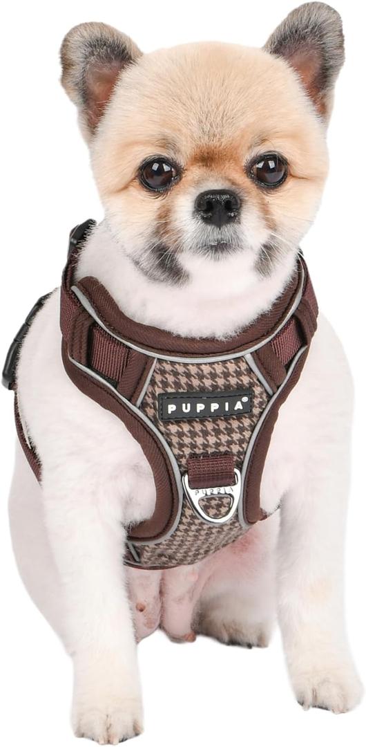 Puppia Conall Dog Harness H Houndstooth Pattern Sturdy Adjustable Neck and Chest Reflective for Small and Medium Dogs, Brown, Large