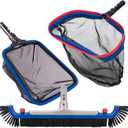 Deluxe Swimming Pool Cleaning Kit Including 20'' Pool Brush Head & Heavy Duty Pool Nets for Cleaning (17.5''Pool Net Skimmer & Semi-deep Ultra Fine Mesh Pool Skimmer Net with Aluminum Frame)