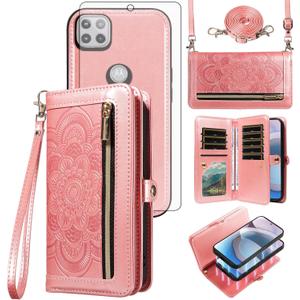Asuwish Phone Case for Moto One 5G Ace/Motorola G G5 2021 Zipper Wallet Cell Cover with Screen Protector Crossbody Strap Flower Card Holder MotoOne 1 One5G UW Ace 6.7 XT2113-3 XT2113-5 Women Rose Gold