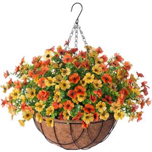 Artificial Silk Flowers Spring Hanging Basket for Outdoor Indoor, Daisy with Eucalyptus Leaves Arrangement for Garden Yard Decor, Faux Green Plant in Metal Coconut Lining Pot(Yellow Orange)