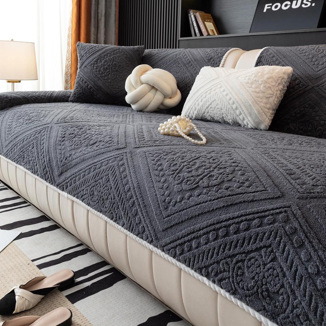 Boho Couch Cover Non Slip Sofa Cover Washable for Dogs, Sectional Couch Covers Soft, Plush Sofa Slipcover Furniture Protector Covers, L Shaped Armrest Cover(Dark Grey, 36"x 36")