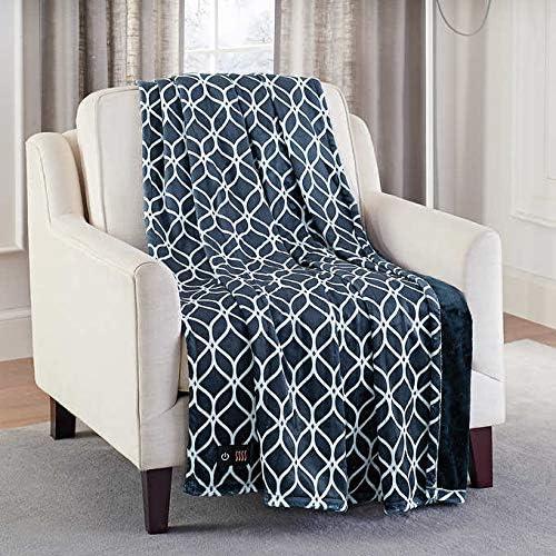 Brookstone Ultra Soft Plush Electric Heated Throw 4-Heat Settings Built-in Remote, Machine Washable, Grey/White Design (Navy/White)