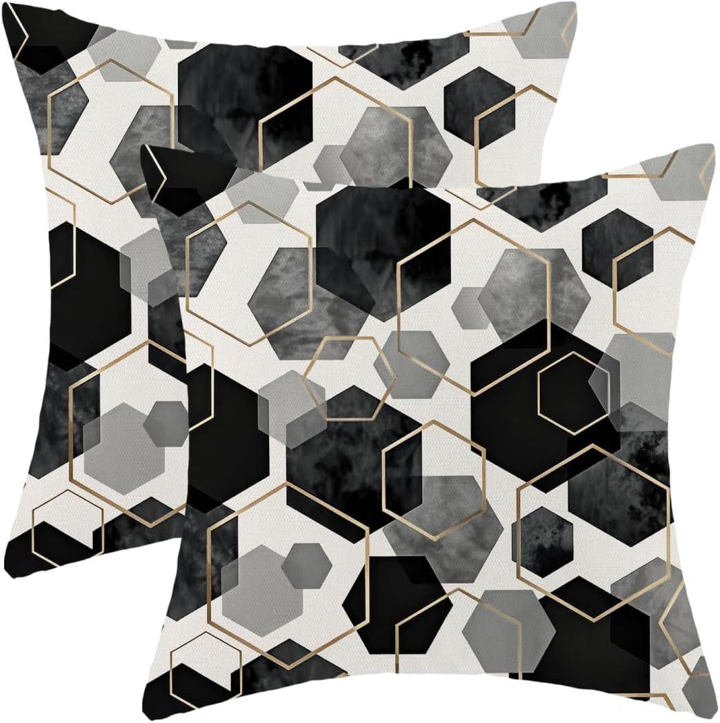 Boho Black Pillow Covers 18x18 Inch Abstract Black Gold Geometric Throw Pillow Covers Set of 2 Modern Art Pillow Cases Outdoor Decor for Living Room Bedroom Linen Square Cushion