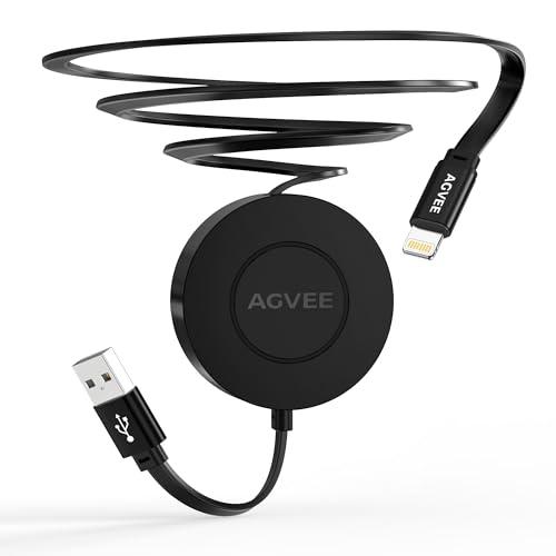 AGVEE 1ft Fixed / 2.3ft Extend USB-A to Lightning Charger Cable Mountable One Way Retractable 2.4A Fast Charging Cord, Pocket-Sized for iPhone 14 13 12 11 XS, Desk Organizer, Black