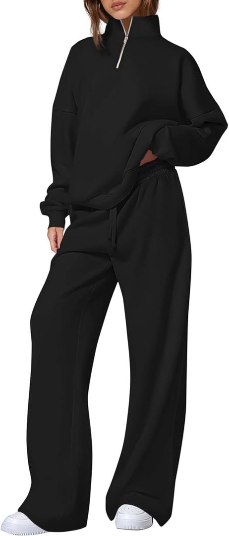 PRETTYGARDEN Womens Casual Two Piece Sets Fall 2026 Outfits Quarter Zip Sweatshirts Straight Leg Pants Sweatsuits Tracksuit (Small, Black)