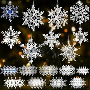 Sumind 36 Pcs Large Acrylic Crystal Christmas Snowflakes Ornaments for Tree Clear Icicle Drop Hanging Snowflakes for Christmas Tree Winter Party Window Decorations Wonderland Party (A Style)