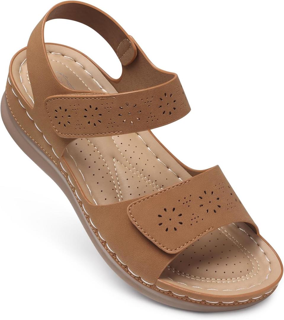 SHIBEVER Flat Sandals for Women Dressy: Comfortable Flats Sandals Women Open Toe Ankle Strap Walking Shoes Summer (Brown) Size 38