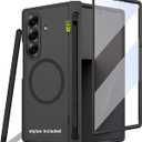 for Samsung Galaxy Z Fold 7 Case with Stylus, Built in Screen Protector, for Round Shape Magsafe Accessories, Slim Pen Holder on Hinge, Translucent Clear Back Magnetic Cover 5G 2025, Black