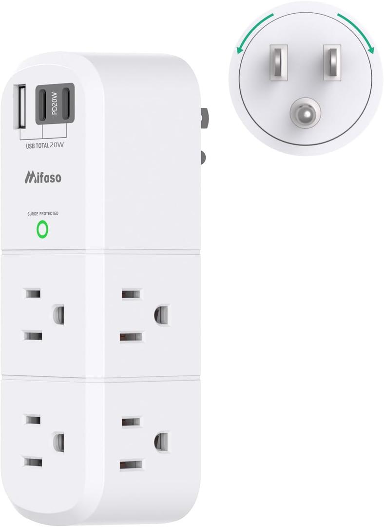PD20W USB Outlet Extender Surge Protector - with Rotating Plug, 6 AC Multi Plug and 3 USB Ports (2 C), 3-Sided Swivel Power Strip Spaced Splitter for Home, Office, Travel (White)