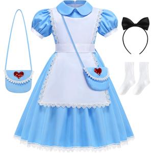 Girls Blue Dress Princess Fancy Dress Up for Halloween Cosplay with White Apron Bow HairBand Bag Socks Set (4T-4)