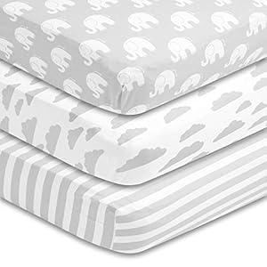 BaeBae Goods Premium Crib Sheets for Baby Boys and Girls, 3 Pack, Soft and Breathable Jersey Cotton Fitted Sheet Set, Grey and White, Cute Gender Neutral Nursery Mattress Bedding, Universal Fit