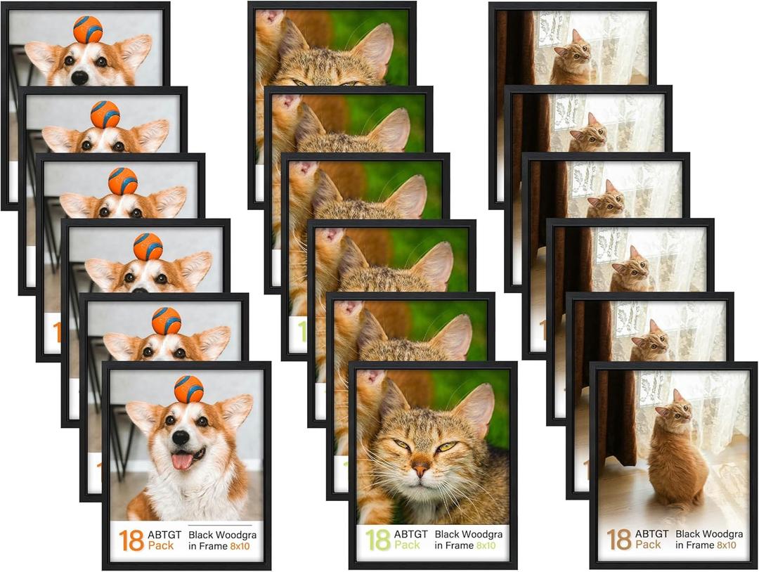 Abtgt 8x10 Picture Frame Set of 18, Gallery Wall Frame Set, 8x10 Frame Bulk Set 18 Pack for Wall Mounting or Tabletop Display, Black Woodgrain