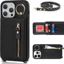 for iPhone 14 pro max Phone Case with Card Holder and Strap for Women, Crossbody Bag with Ring Stand Zipper Wallet Case for Apple14promax Purse - Black