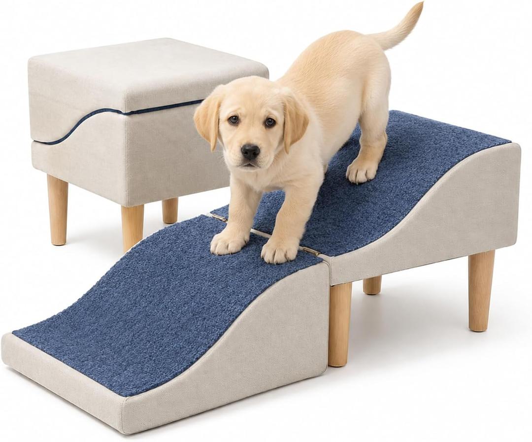Wavy Dog Stairs for Bed & Couch, Dog Ramp for Small/Medium/Large Dogs. | 13.3"H Wooden 2-in-1 Foldable Ottoman Steps Non-slip Surface for Injured Dogs&Puppy Older, Supports 220 lbs for Beds & Sofas