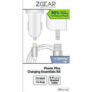 ZGEAR Power Plus Charging Essentials 3 Pc Kit 4Ft Braided Cable 7.5 Watt Car & Wall Chargers