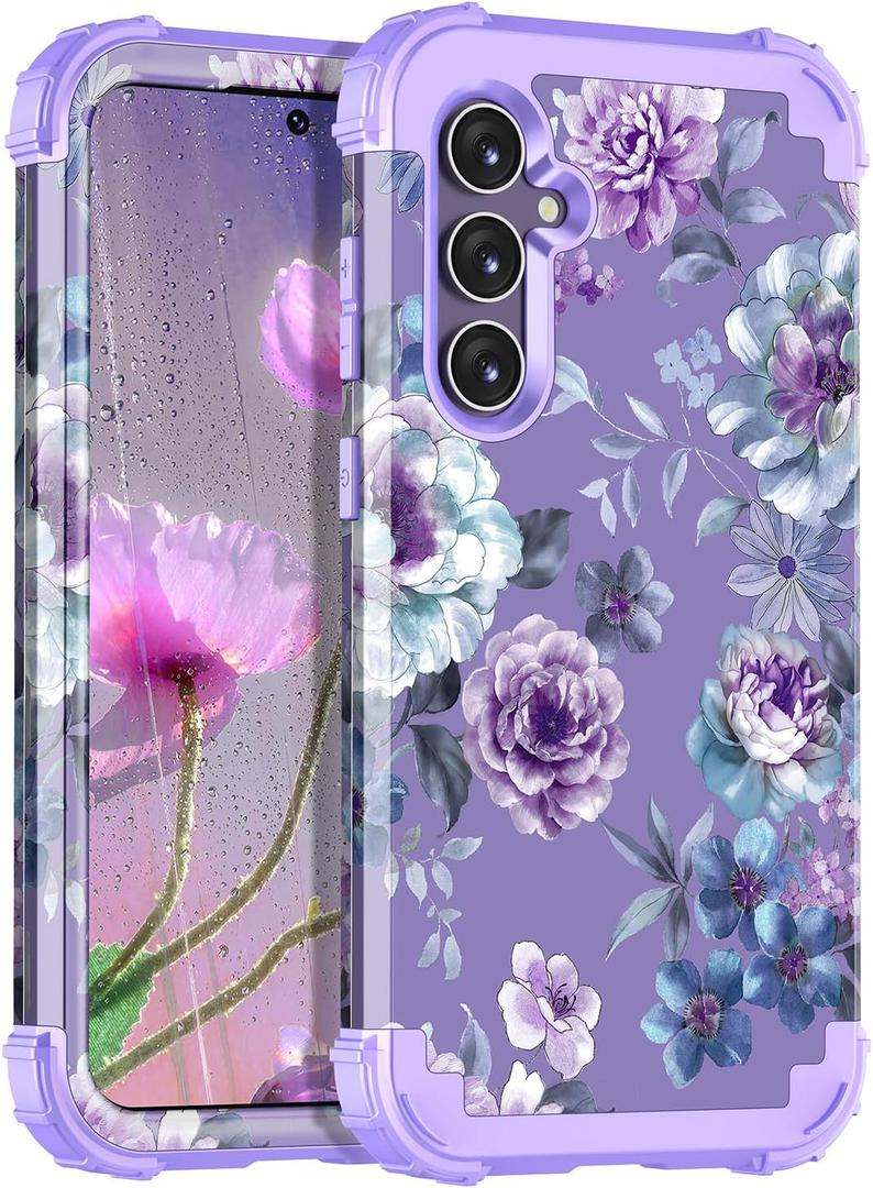 Miqala for Galaxy S23 FE 5G Case,Marble Three Layer Heavy Duty Shockproof Full Body Protection Hard Plastic Bumper+Soft Silicone Protective Case for Samsung Galaxy S23 FE 6.4 inch,Flower