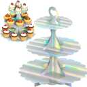 2 Pack Rainbow Silver Cupcake Stand Tower, 3-Tier Round Cardboard Cake Stand, Paper Cake Holder for Dessert Table Displays, Baby Shower Birthday Wedding Party Supplies (Laser)
