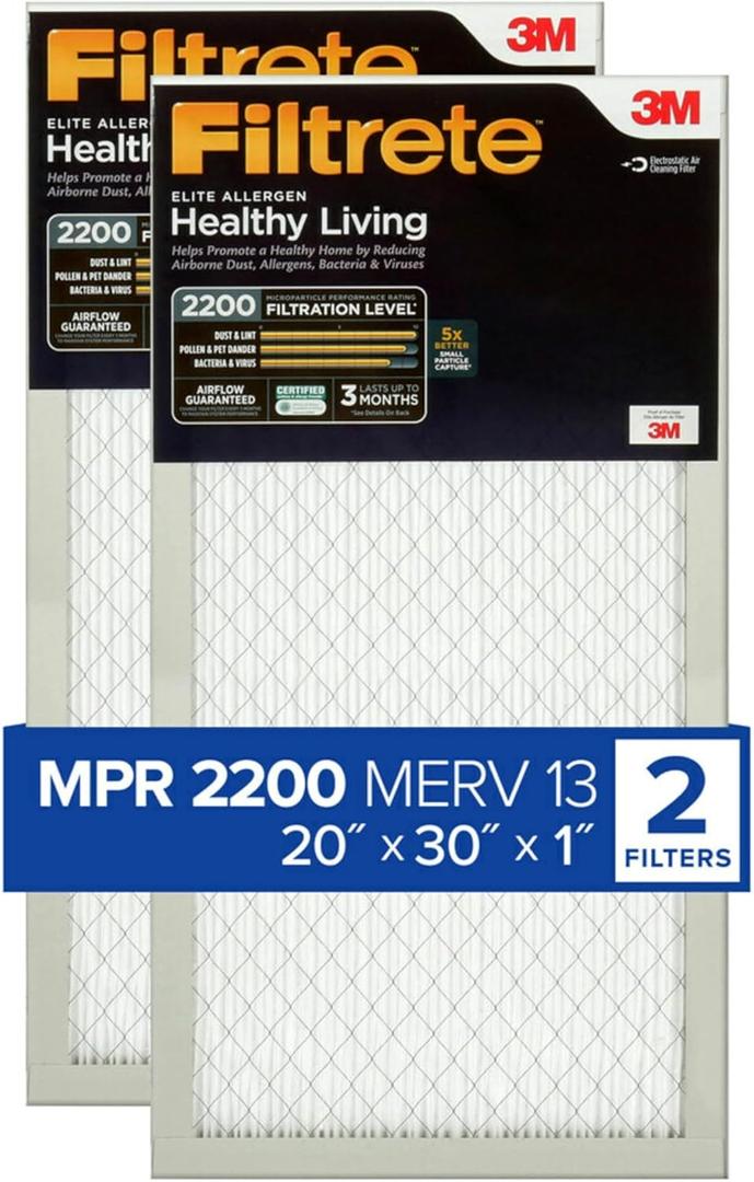 Filtrete 20x30x1 AC Furnace Air Filter, MERV 13, MPR 2200, Elite Allergen, Bacteria & Virus Filter, 3-Month Pleated 1-Inch Electrostatic Air Cleaning Filter, 2-Pack (Actual Size 19.81x29.81x0.78 in)