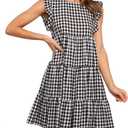 chouyatou Women's Summer Ruffle Puff Sleeve Babydoll Dress Cute Gingham Plaid Printed Tiered Midi Dress (Black, S)