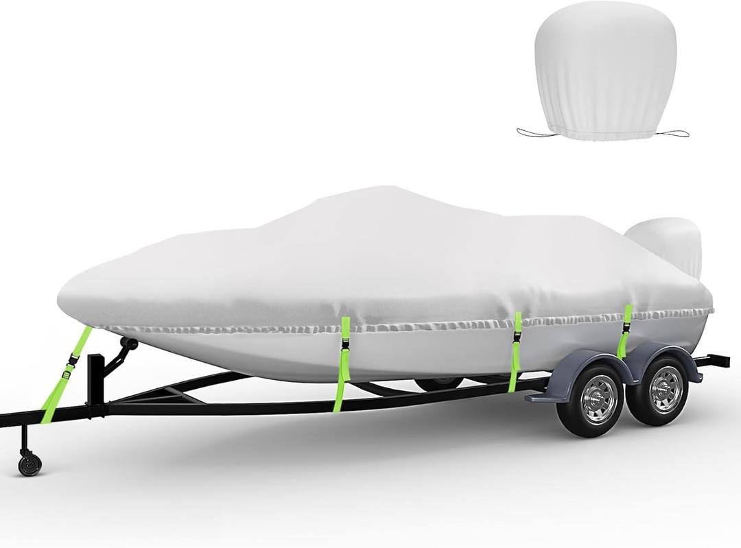 Waterproof Bass Boat Cover 23-25 ft with Motor Cover, 1200D Heavy Duty Bass Boat Covers 23-25 ft, PU Marine Grade Polyester, Fits Bass, V-Hull, Runabout, Jon, Fishing, Ski, Beam Width 124 inch (Gray-Green)