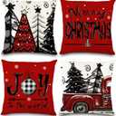 DIYDEC 4pcs Christmas Pillow Covers 18x18 Inch Red Pillow Covers Xmas Decorations Buffalo Tree Truck Merry Christmas Pillows Winter Holiday Farmhouse Seasonal Throw Case Decor for Sofa Couch