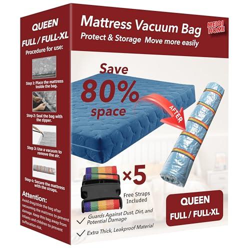 Queen/Full/Full-XL Mattress Vacuum Bag for Moving and Storage, Vacuum Seal Compression Bag for Queen and Full Size Mattresses, Heavy Duty Mattress Bag for Storage, with Sealing Clip and 5 Straps