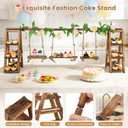 3 Tier Wooden Cupcake Stand with Swing & Flower Decor, Dessert Table Display Set with Removable Trays for Cake Fruit Snack Bread, Rustic Foldable Ladder Stand for Party, Birthday, Wedding & Events
