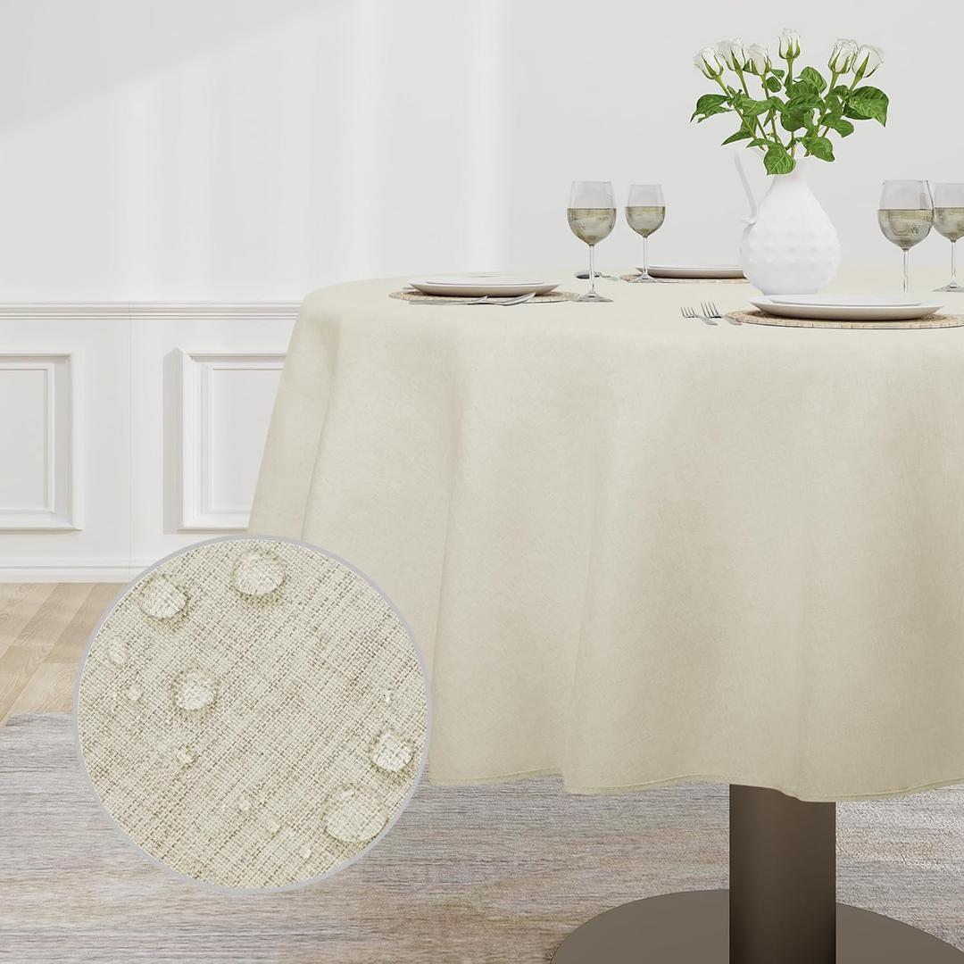 Easy-Going Faux Linen Waterproof Spill-Proof Tablecloth Stain Resistant Round Table Cloth Wrinkle Free Decorative Fabric for Kitchen, Dining, Party, Weddings, Restaurants (60 in-Round, Beige)