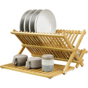 KKTONER Bamboo Dish Drying Rack with Utensil Holder 3 Tier Collapsible Drainer Rack with Dish Drying Mat for Kitchen Counter (Natural)