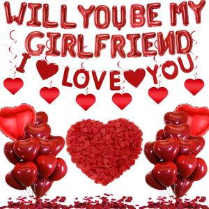 Will You Be My Girlfriend - 59 Pcs Red Proposal Letter Balloons I Love You Banner Foil Heart Balloons Rose Petals Swirls For Romantic Wedding Engagement Valentines Day Bridal Shower Decoration