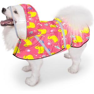 Dog Raincoat, Adjustable Rain Jacket with Hooded Double Layer for Large Dogs Puppies, Lightweight Waterproof Rain Coat Poncho with Reflective Stripe Duck Pink, Large