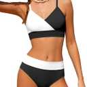 ADIFUN Girls Swimsuits Size 10-12 V Neck Adjustable Straps Black Color Block Bikini Set with Cover Up Skirts 3 Piece Teen Girl Bathing Suits Size 10-12