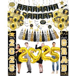 2025 Graduation Party Decorations - Class of 2025 Decorations, Party Supplies with Porch Sign, Congrats Grad Banner, Graduation Balloons, Butterfly Wall Decor, Hanging Swirls, Tissue Tassels