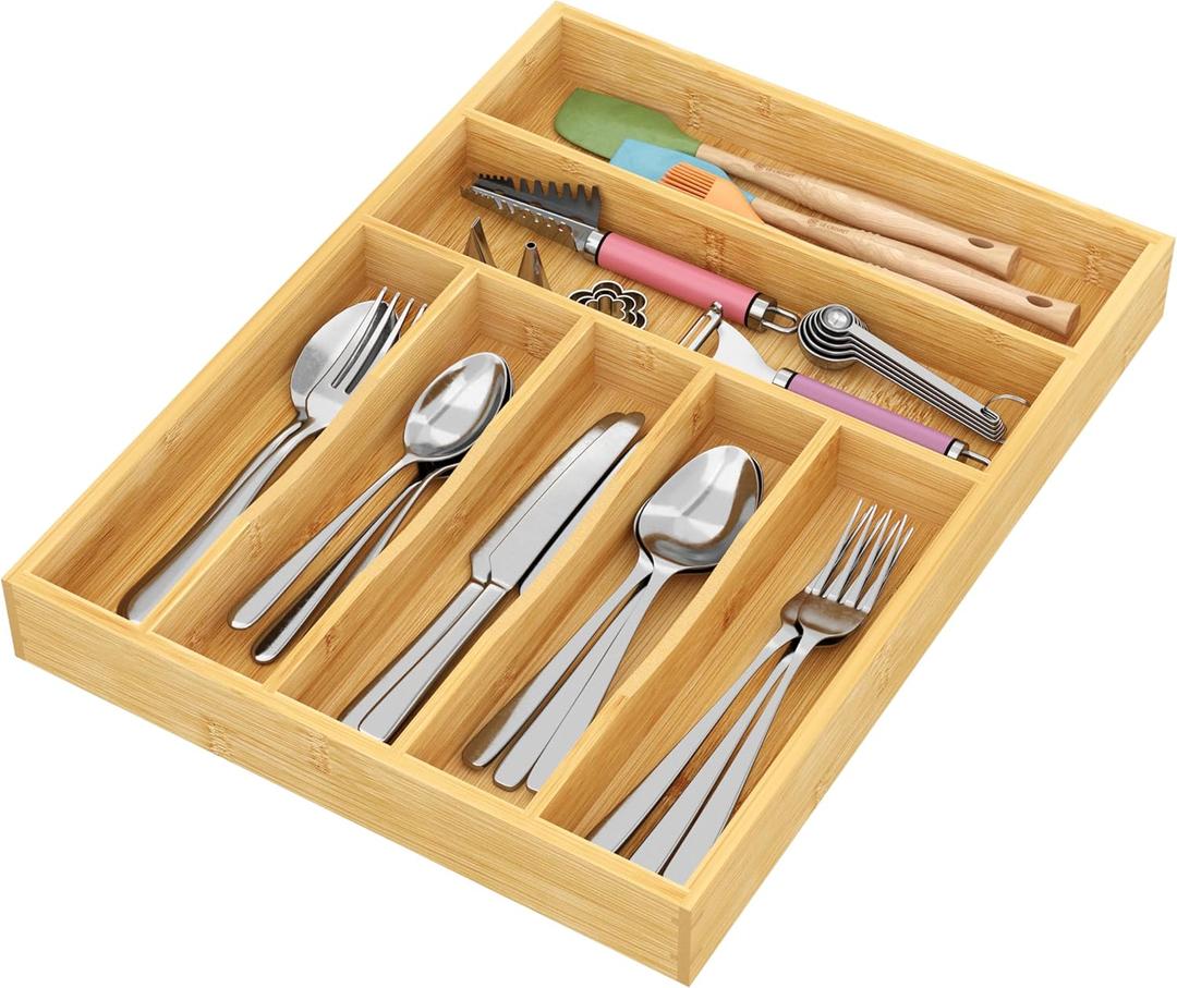 BAMEOS Bamboo Silverware Drawer Organizers, 11.9 inch Utensil Drawer Organizer for Kitchen Drawers, 7 Slots Total Large Flatware Organizer for Knives Cutlery Spoons Forks (Natural) (2''H 16x12)