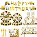 118 Pcs Construction 4th Birthday Decor Construction Four Years Old Paper Dinner Plates Napkins Forks Cups Tablecloth Banner Dinnerware for Dump Truck Theme Fourth Bday Party Supplies Decorations