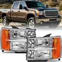 APSVE For 2007 2008 2009 2010 2011 2012 2013 GMC Sierra 1500 Headlights Assembly for 2007-2014 Sierra 2500 HD 3500 HD Chrome Housing Amber Reflector Headlamp Replacement Pair Driver and Passenger