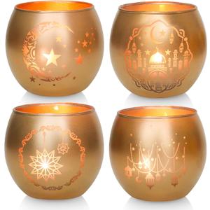 Eid Mubarak Decorations, Gold Ramadan Decorations for Home 4Pcs, Radiant Glass Tealight Candle Holders, Luxury Votive Candle Holders for Ramadan Table Decor, Elegant Islamic Eid Gifts