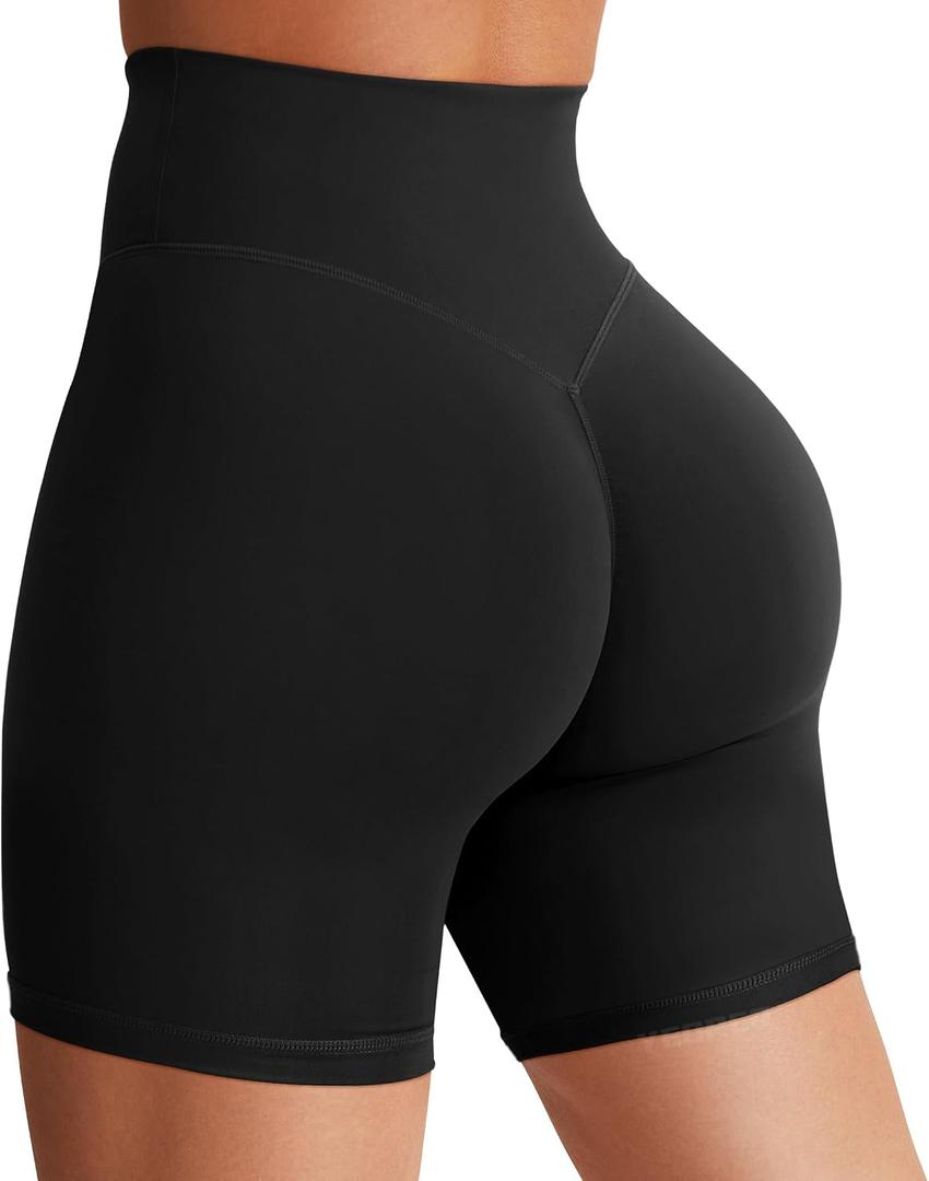 YEOREO Women's Biker Shorts  6" Workout Gym Shorts Craze High Waist Tummy Control Hidden Scrunch Running Yoga (Black, M)