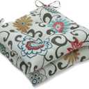 Pillow Perfect Bright Floral Indoor/Outdoor Tufted Wicker Chair Pad With Ties, 2 Count, 18.5" x 19", Blue/Brown Pom Pom Play