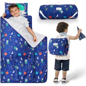Toddler Nap Mat with Pillow and Blanket, Soft Sleeping Bag for Kids Boys and Girls, Slumber Bags Kids for Preschool, Daycare, Travel, Camping, 54" x 33" Great for Ages 3-6 (Blue)