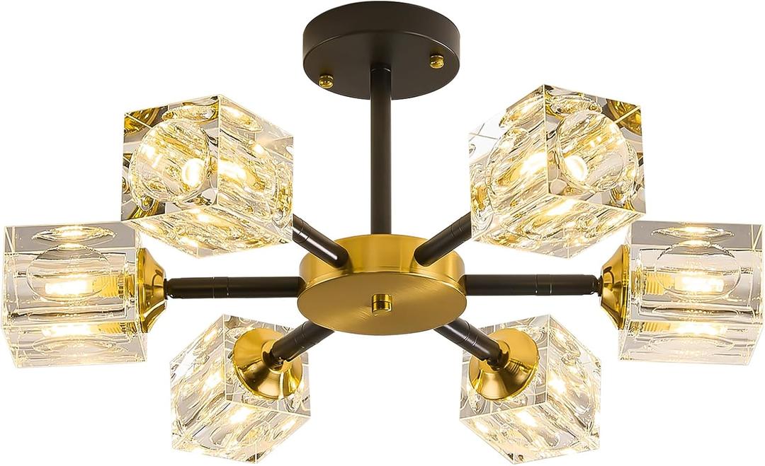 Yunnix Ceiling Light Fixture 6 Lights Crystal Chandeliers Black and Gold Light Modern Chandelier for Bedroom Kitchen Hallway Bathroom Entryway Dining Room