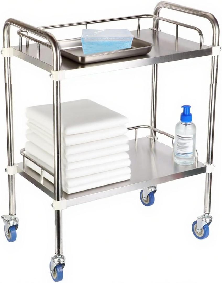 Medical Rolling Cart with Wheels, 2 Tier Stainless Steel Utility Cart Lab Serving Trolley Clinic Trolley Cart Commercial Grade with Silent Lockable Wheels for Hospital, Restaurant, Kitchen, Bar