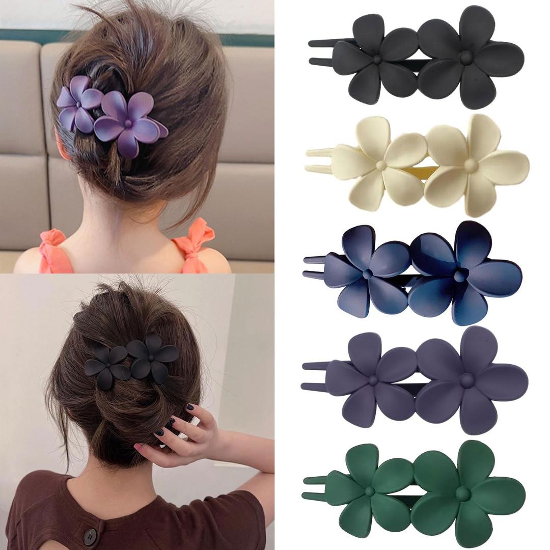Mdscve 5Pcs Flower Flat Hair Clips for Women Matte Flat Hair Claw French Alligator Clips Non-Slip Cute Duck Billed Flat Claw Clips for Thick Hair for Girls, white,green,black,purple,blue