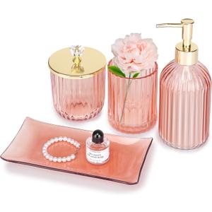 Pink Bathroom Accessories Set, 4Pcs Glass Bathroom Decor Complete with Lotion Soap Dispensers, Toothbrush Holder, Cotton Swab Jars, Vanity Tray, Cute Bathroom Essentials Gift for Girls